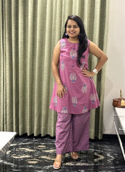 Pink & Blue Cotton 2 Piece Kurti Set With Sleeveless Kurti & Geometric Pants