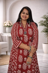 Red Floral Printed Cotton Kurti Set with Handwork Detailing in Neck