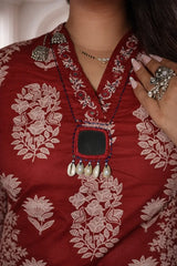 Red Floral Printed Cotton Kurti Set with Handwork Detailing in Neck